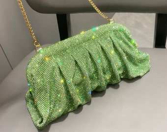 Valentina Bag / Rhinestones Handmade Evening Clutch / Diamond Bag / Events Bag / Night Out Bag / Shiny Cristal Bag / Wedding Bag / Green bag