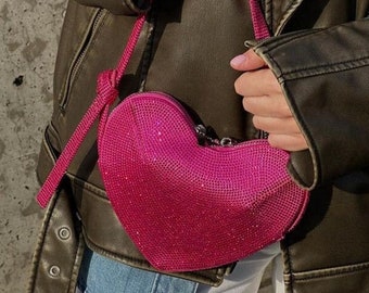 Heart Bag / Rhinestones Evening Bag /  Night Out Bag / Shiny Cristal Bag / Weeding Bag / Crystal Bag / Heart Bag / Pink & Black Shiny Bag