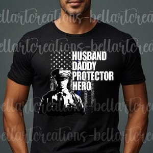 Transferencia DTF de silueta de oficial: diseño "Esposo, papá, protector y héroe", ideal para el Día del Padre. Impresión de homenaje a un padre policía.