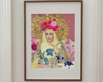 Virgin Mary, iconography, weeping Mother, world, digital download, poster, wall decor, art, original collage
