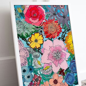 Flores, obra de arte original, póster, descarga digital, arte de pared, negrita