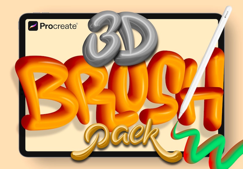 May include: A digital art illustration on a tablet screen featuring the Procreate logo and the words "3D BRUSH Pack" in a vibrant, 3D style. A white stylus is positioned diagonally across the screen, with a colorful brushstroke in the corner.