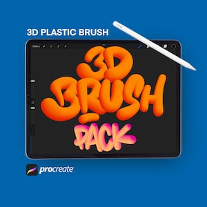 May include: A digital illustration of a 3D plastic brush pack for the Procreate app. The illustration shows the words "3D BRUSH PACK" in a 3D style with orange and pink colours.