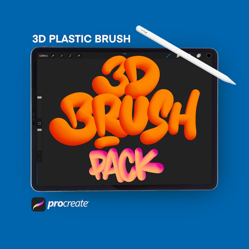 May include: A digital illustration of a 3D plastic brush pack for the Procreate app. The illustration shows the words "3D BRUSH PACK" in a 3D style with orange and pink colours.