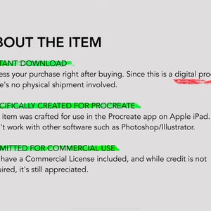May include: A digital product information graphic on a light gray background. The text reads "ABOUT THE ITEM" followed by bullet points detailing instant download, Procreate app compatibility, and commercial use permission.