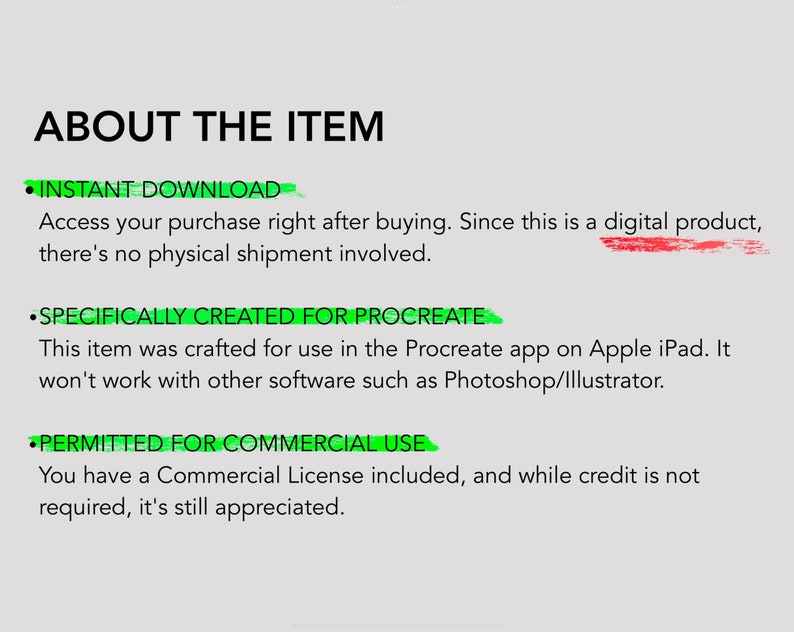 May include: A digital product information graphic on a light gray background. The text reads "ABOUT THE ITEM" followed by bullet points detailing instant download, Procreate app compatibility, and commercial use permission.
