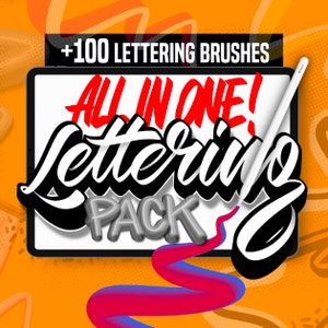 Paquete de más de 100 pinceles de lettering para Procreate, pinceles de lettering 3D para Procreate, pinceles de contorno, sellos de lettering y cuadrículas de composición.