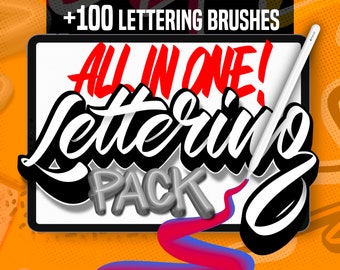 100+ Lettering Procreate Brush Bundle: 3D, Outline, Stamps