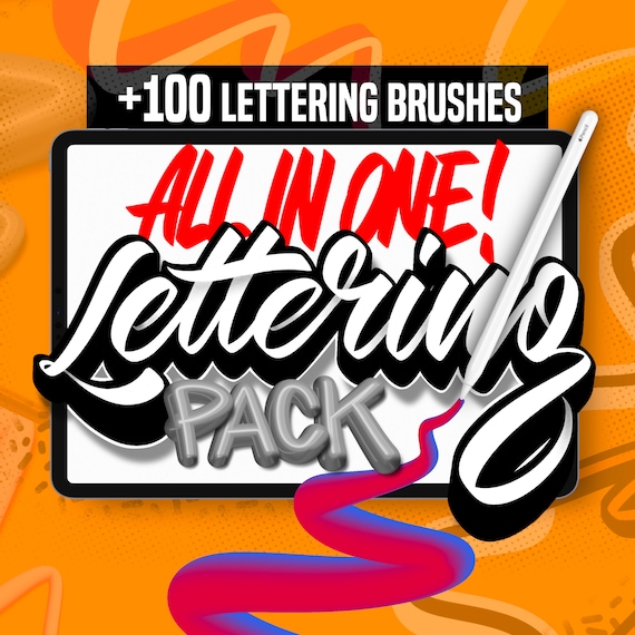 100+ Lettering Procreate Brush Bundle: 3D, Outline, Stamps