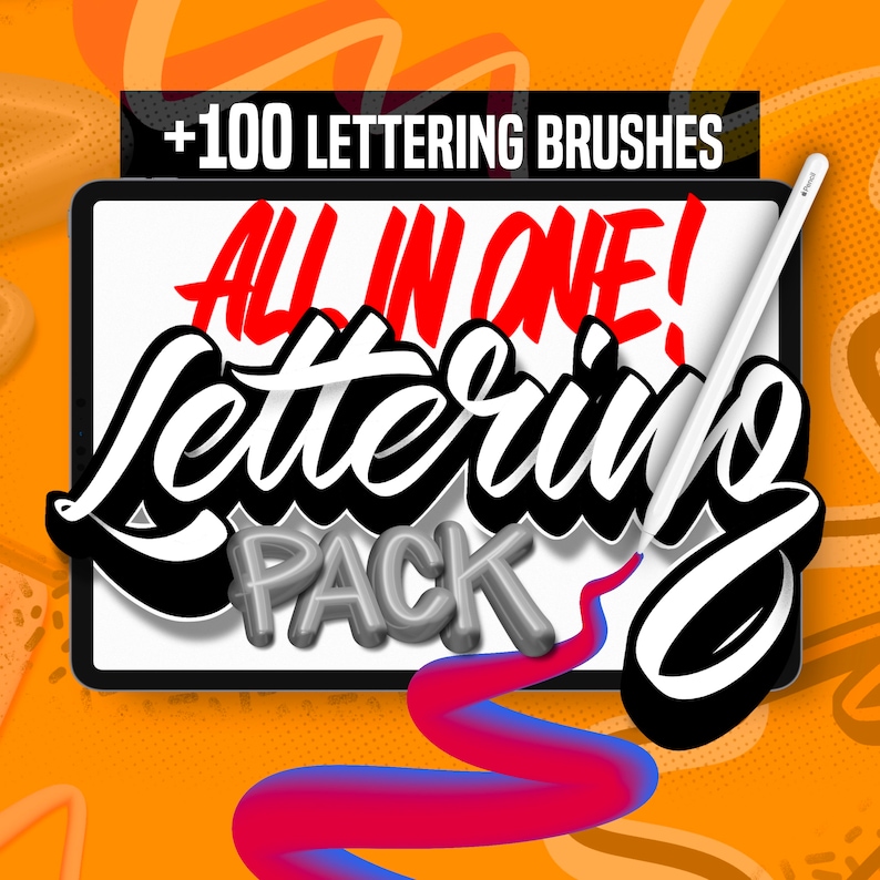 May include: Digital lettering pack advertisement. The image shows a tablet with the words "+100 Lettering Brushes" and "All in One! Lettering Pack". A white stylus is positioned near the tablet, with a red and blue abstract design in the foreground.