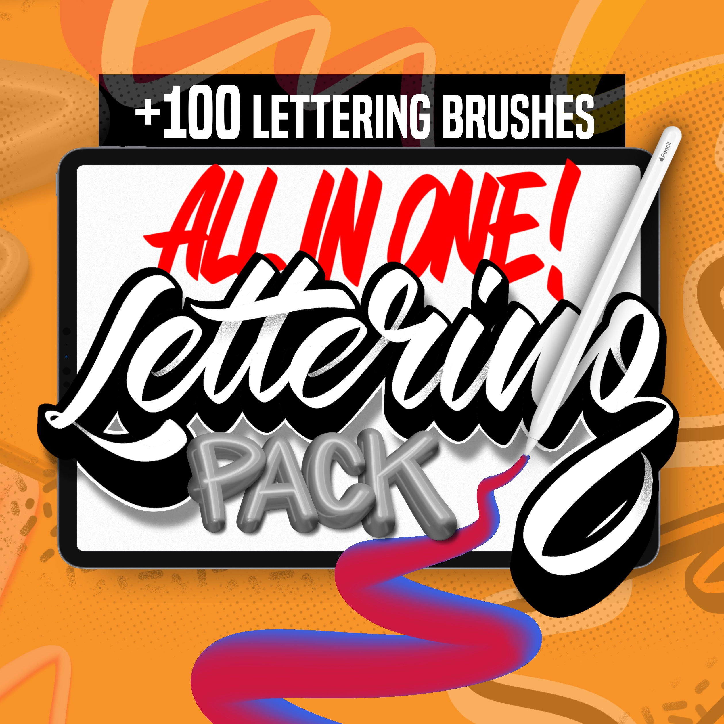 Paquete de 100+ pinceles de lettering para Procreate – Lettering 3D, pinceles de contorno, sellos y rejillas de composición