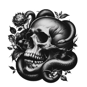 Pu&ograve; includere: Un'illustrazione in bianco e nero di un teschio umano avvolto da un serpente, con una rosa e spine sullo sfondo.