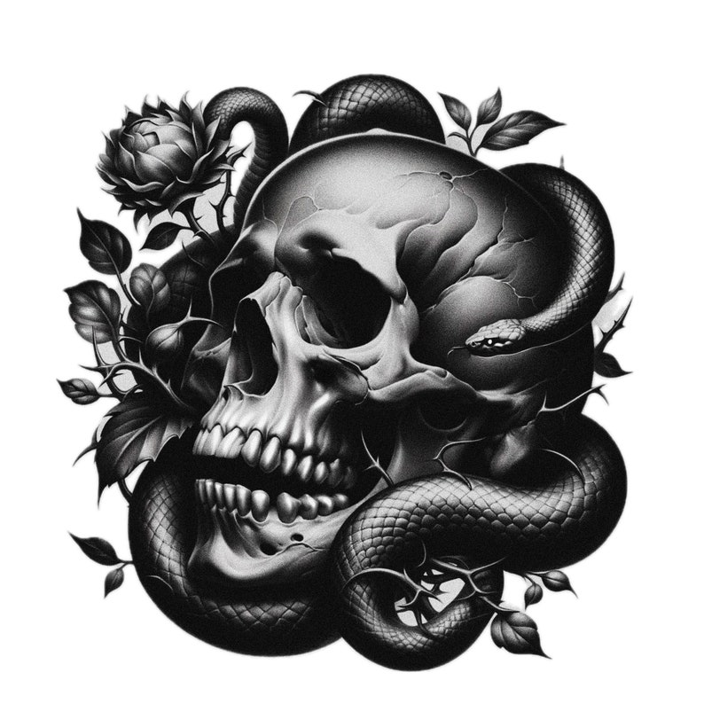 Pu&ograve; includere: Un'illustrazione in bianco e nero di un teschio umano avvolto da un serpente, con una rosa e spine sullo sfondo.