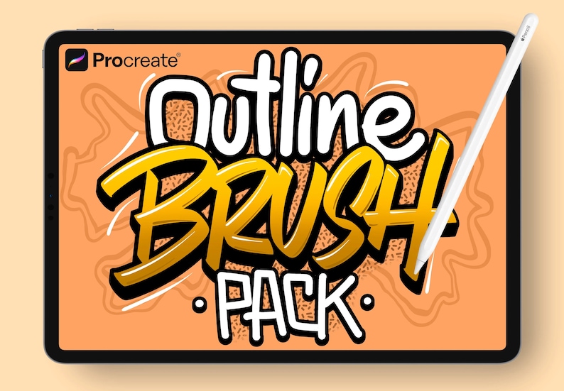 May include: A digital tablet displays the words "Outline BRUSH PACK" in a bold, stylized font with yellow and white coloring. The tablet is black, and a white stylus rests on the screen. The background is a light orange color.