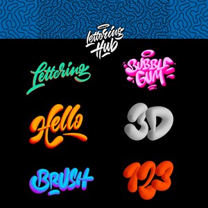 May include: A collection of six 3D lettering designs in various colours and styles. The designs include "Lettering Hub", "Lettering", "Bubble Gum", "Hello", "3D", and "Brush".