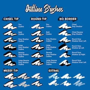 May include: A blue graphic showcasing various outline brush styles. The image features text that reads "Outline Brushes" and displays different brush types like Chisel Tip, Round Tip, No Border, Messy Tip, and Extras, with examples of each.