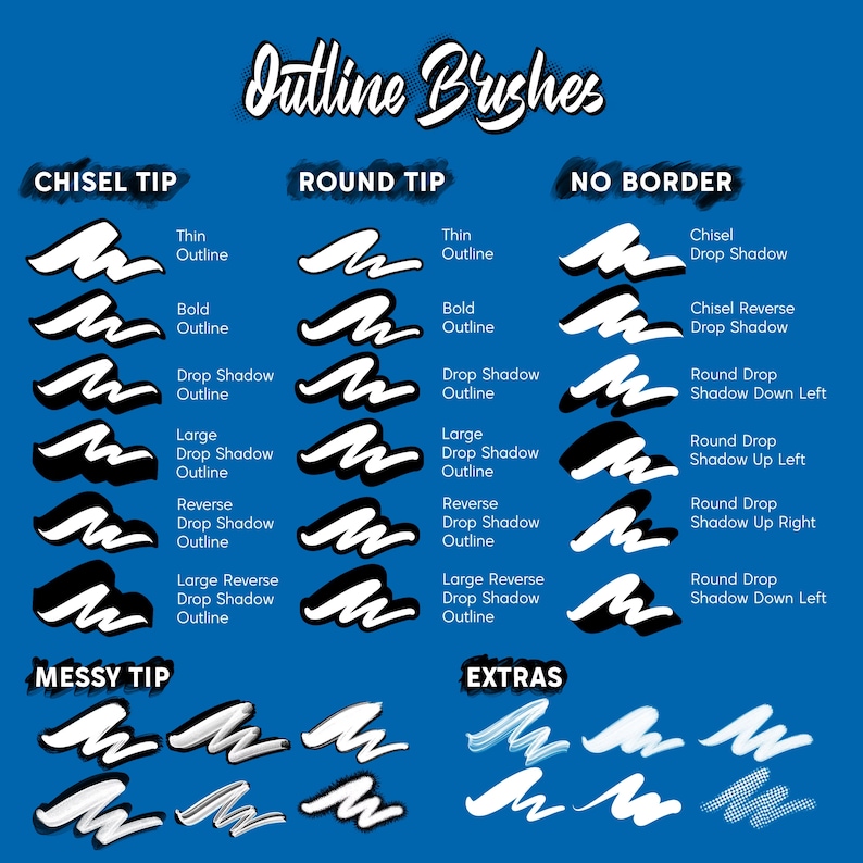 May include: A blue graphic showcasing various outline brush styles. The image features text that reads "Outline Brushes" and displays different brush types like Chisel Tip, Round Tip, No Border, Messy Tip, and Extras, with examples of each.