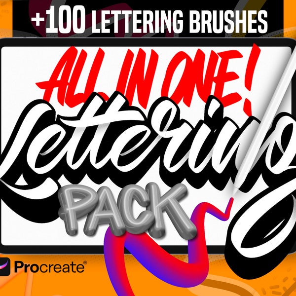 100+ Lettering Procreate Brush Bundle, 3D Lettering Procreate Brushes, Outline Brushes, Lettering Stamps, and Composition Grids