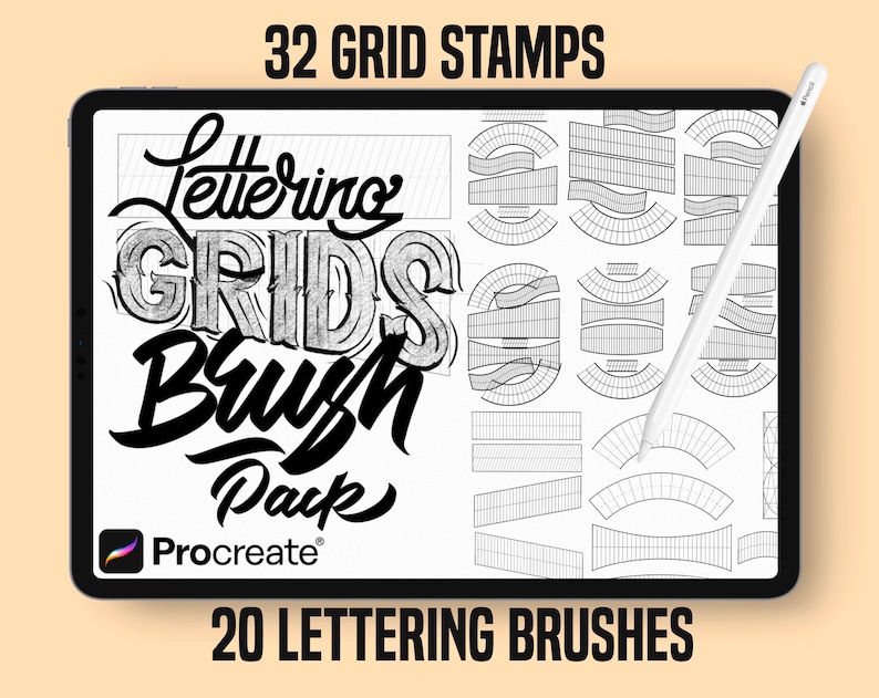 May include: A digital art pack displayed on a tablet, featuring lettering grids and brushes. The screen shows the words "Lettering Grids Brush Pack" with 32 grid stamps and 20 lettering brushes. A white stylus rests on the screen.