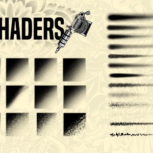 Pu&ograve; includere: Un set di 18 pennelli digitali per creare effetti di ombreggiatura in stile tatuaggio. I pennelli sono disposti in una griglia con un'illustrazione di una macchina per tatuaggi sopra. La parola "SHADERS" &egrave; visualizzata in grassetto in lettere nere nella parte superiore dell'immagine.