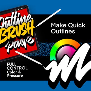 May include: A digital art advertisement featuring a red tablet with the words "Outline Brush Pack" in yellow and white. The text "Make Quick Outlines" and "Full Control Color & Pressure" are also displayed. White styluses and a colorful gradient circle are also shown.