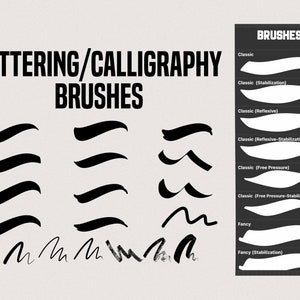 May include: A digital art graphic featuring lettering and calligraphy brushes. The image displays various brush stroke examples in black, along with a list of brush types, including "Classic" and "Fancy", to showcase the different styles available.