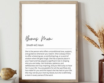 Bonus Mom definition Printable,  Mother's day gift, Printable wall art, bonus parent, birthday gift for her, bonus mum mother gift,