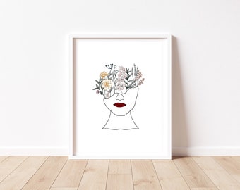 Floral Mind Line Art Print: Modern Wall Decor (Digital Download)
