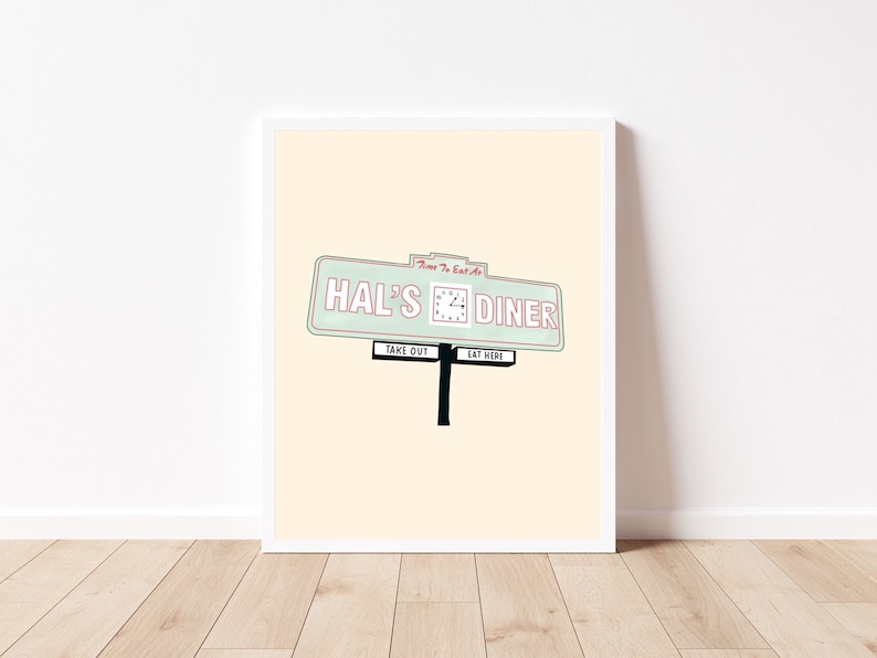 May include: A retro-style diner sign with the text "Hal's Diner" in pink and green. The sign has a clock with the hands pointing to 2:00 and the words "Time to Eat" in red. The sign also has the words "Take Out" and "Eat Here" in black.