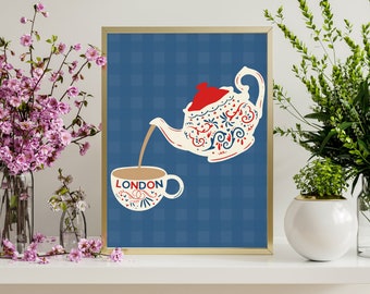 London Tea Kettle Art Print: Trendy Kitchen Wall Decor (Digital Download)