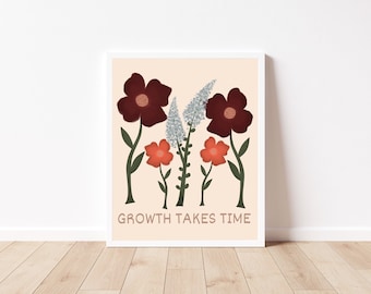 Floral Watercolor Art Print: Growth Takes Time Illustration (Digital Download)