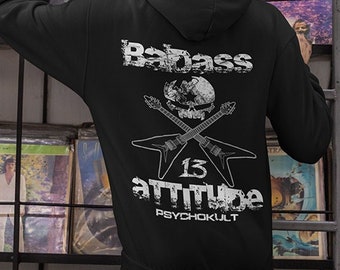 BADASS ATTITUDE - Cool / Rock / Metal / Guitar / Punk / Guitar Player / Loose Fit / On Stage / Musician / Party /Hoodie / Hood / Rocker