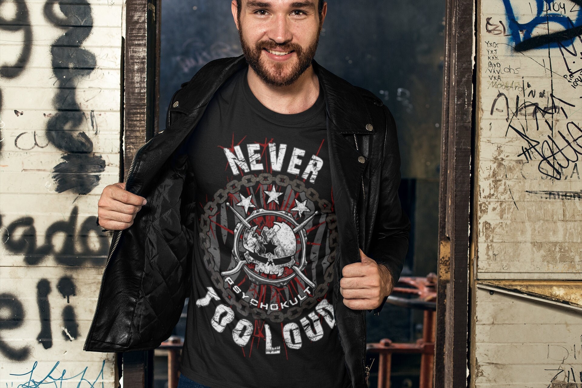 NEVER TOO LOUD - Cool / Rock / Metal / Guitar / Punk / Drums / Drummer / Loose Fit / On Stage / Musician / Party /T-shirt / Tee / Rocker