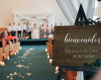 Cartel de Bienvenida Personalizada- Boda- Madera - Bienvenidos + Nombre y Fecha