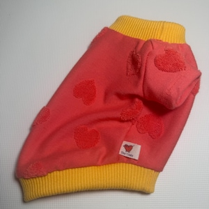 May include: A coral-colored pet sweater featuring a textured heart pattern throughout the fabric. The garment has a bright yellow ribbed collar and hem. A small white fabric tag is sewn onto the side, displaying a red heart and the text Tiny Coats.