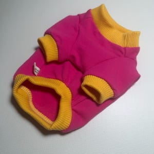 May include: A bright pink pet sweater featuring a ribbed yellow collar, yellow ribbed sleeve cuffs, and a yellow ribbed hem. A small white fabric tag is attached to the side seam of the garment, which is constructed from a solid-colored fabric.