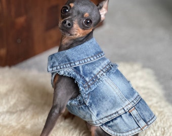 Veste pour chien en denim vieilli XXS - Option de nom personnalisé incluse