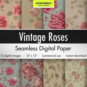 Vintage Roses DIGITAL SEAMLESS PAPER Shabby Chic Floral Spring Retro Journal Background Scrapbooking DiY Craft Commercial File