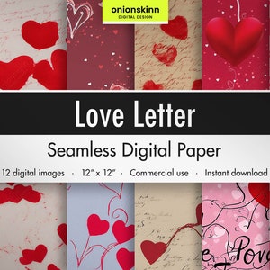 Liebesbrief DIGITAL SEAMLESS PAPER Romantische Herzen Worte Retro Gedicht Valentinstag Kartenherstellung Scrapbooking DiY Handwerk Kommerzielle Datei