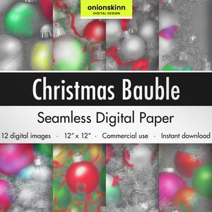 Christmas Bauble DIGITAL SEAMLESS PAPER Silver Green Red Tinsel Glass Globe Xmas Tree Ornaments Wallpaper Scrapbooking DiY Craft Commercial