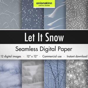 Let It Snow DIGITAL SEAMLESS PAPER Snowy Landscape Snowflakes Blue Grey Winter Seasonal Wallpaper Scrapbooking DiY Craft Commercial