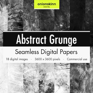 Puede incluir: Un conjunto de 18 papeles digitales con texturas grunge abstractas en blanco y negro. Cada papel tiene 3600 x 3600 píxeles y se puede utilizar para proyectos comerciales.