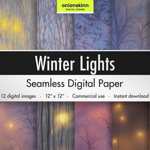 Winter Lights DIGITAL SEAMLESS PAPER Snowy Landscape Forest Fairy Lights Christmas Background Wallpaper Scrapbooking DiY Craft Commercial