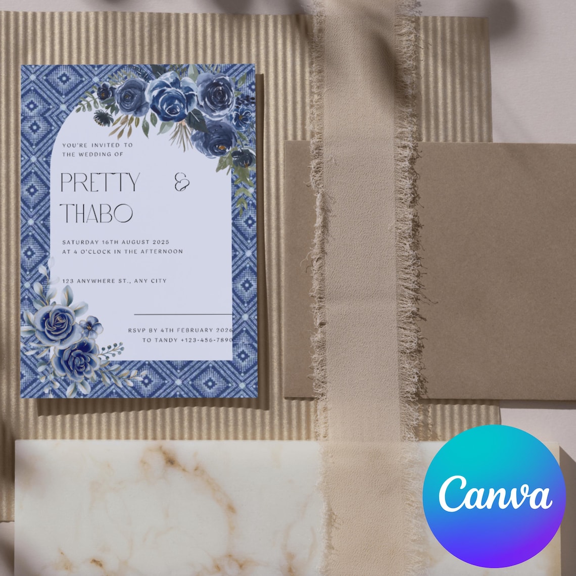 African Wedding Invitation Template, Blue Floral (digital Download) - Etsy