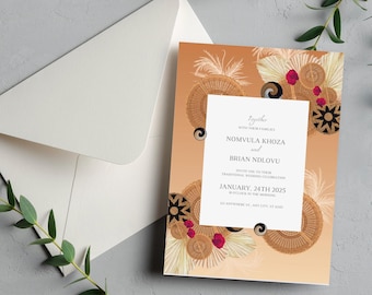 May include: A wedding invitation with a peach background and a woven pattern. The invitation reads "Together with their families Nomvula Khoza and Brian Ndlovu invite you to their traditional wedding celebration January 24th 2025 at 11 o'clock in the morning 112 Anywhere St, Any City, ST 2045."