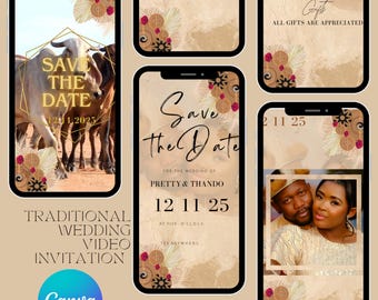 May include: A digital invitation for a traditional wedding with a save the date theme. The invitation features a brown background with a gold geometric frame and a floral design. The text reads "Save the Date" with the date "12 11 25" and the names "Pretty & Thando".