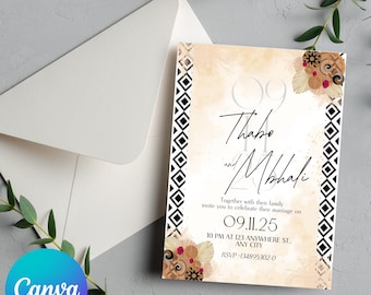 May include: A wedding invitation with a black and white geometric pattern border. The invitation features a watercolor background with a floral design in shades of brown, red, and gold. The text reads "Thabo and Mahal" and includes the date "09.11.25", time, location, and RSVP information.