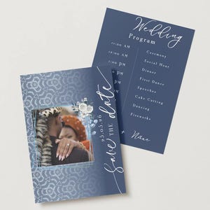 May include: Navy blue wedding program and save-the-date cards. The save-the-date card features a photo of a couple and the text "Save the date". The wedding program lists the ceremony details.