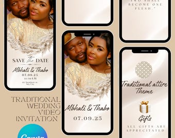 May include: A wedding invitation with a save the date announcement for Mbhali & Thabo on July 9, 2025 at 11:30 AM. The invitation features a photo of the couple in traditional attire and a floral design.