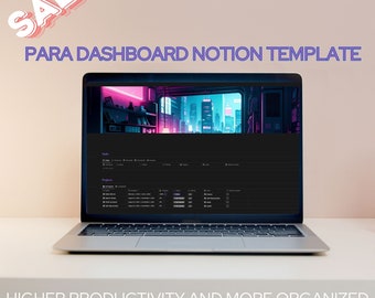 May include: A laptop computer displaying a Notion dashboard template with a futuristic city background. The text "SALE" is in the upper left corner of the image. The text "PARA DASHBOARD NOTION TEMPLATE" is in the upper middle of the image. The text "HIGHER PRODUCTIVITY AND MORE ORGANIZED IN MANAGING YOUR DAILY TASKS" is at the bottom of the image.